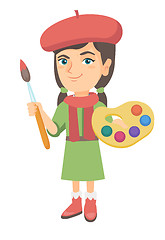 Image showing Girl dressed as an artist holding brush and paints