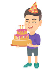 Image showing Caucasian child holding birthday cake with candles