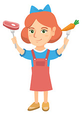 Image showing Caucasian girl holding fresh carrot and steak.