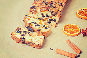 Image showing Christmas cake on the table, retro toned