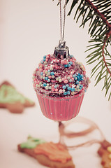 Image showing Christmas retro tree cupcake toy, retro toned