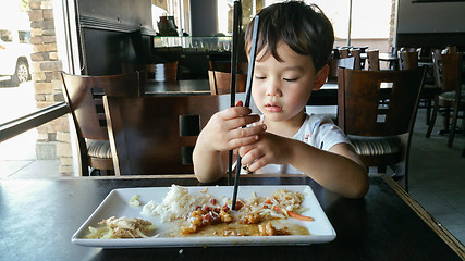 Image showing Cute Young Chinese and Caucasian Boy Learning To Use Chopsticks 