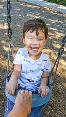 Image showing Adorable Chinese and Caucasian Young Boy Having Fun in the Swing