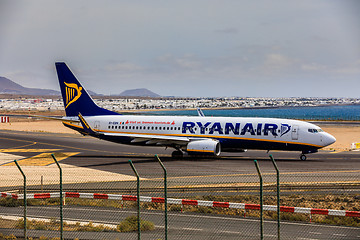 Image showing ARECIFE, SPAIN - APRIL, 15 2017: Boeing 737-800 of RYANAIR with 