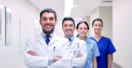 Image showing group of happy medics or doctors at hospital