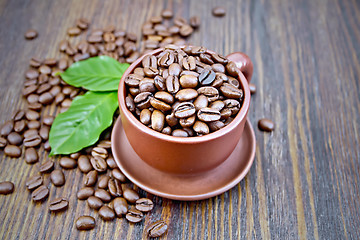 Image showing Coffee black grain in cup with leaf on board