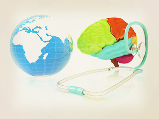 Image showing stethoscope, globe, brain - global medical concept. 3d illustrat