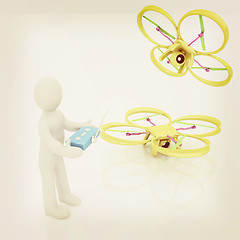 Image showing 3d man with drone, quadrocopter, with photo camera. 3d render. 3