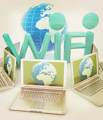 Image showing Global concept of  WiFi connectivity between laptops. 3d render.