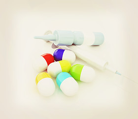 Image showing Syringe, tablet, pill jar. 3D illustration. Vintage style.