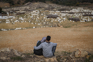 Image showing Couple on the hill over the cementery Fez, Morocco North Africa