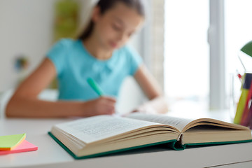 Image showing girl with book writing at home