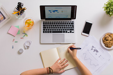 Image showing hands with laptop writing to notebook at office