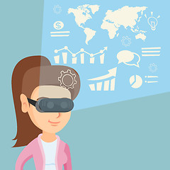 Image showing Young woman in vr headset analyzing virtual data.