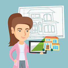 Image showing Woman showing a digital tablet with house photo.