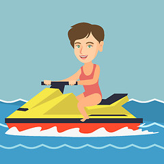 Image showing Caucasian woman riding a water scooter in the sea