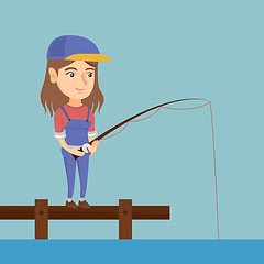 Image showing Young caucasian woman fishing on jetty.