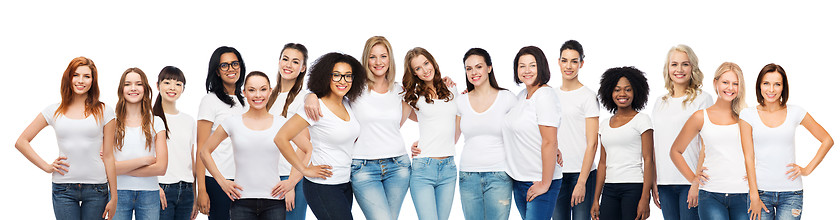 Image showing group of happy different women in white t-shirts