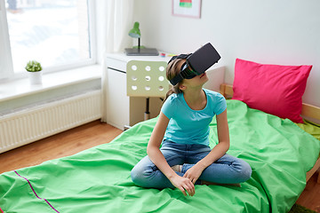 Image showing happy girl in vr headset or 3d glasses at home