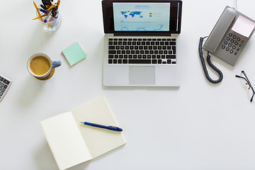 Image showing laptop, phone and other office stuff on table