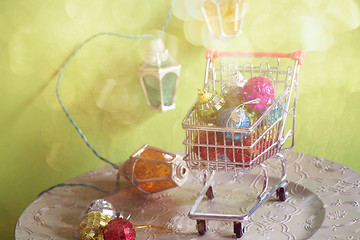 Image showing Retro style christmas lights and toys, retro toned