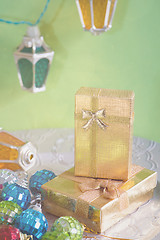 Image showing Golden presents and christmas toys, retro toned