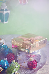 Image showing Christmas toys and golden presents, retro toned