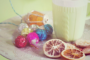 Image showing Cup and cuted fruits, retro toned