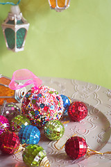 Image showing Christmas lights and balls, retro toned