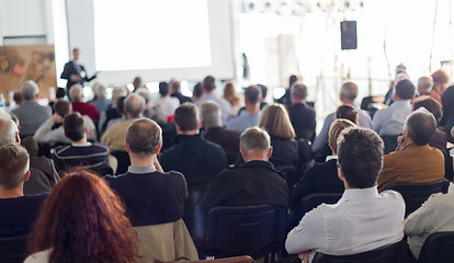 Image showing Business speaker giving a talk at business conference event.