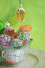 Image showing Christmas balls in shopping basket, retro toned