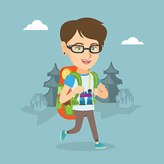 Image showing Young caucasian woman with a backpack hiking.