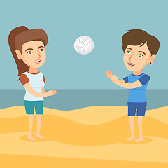 Image showing Two caucasian women playing beach volleyball.