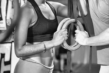 Image showing Portrait of multiethnic couple  after workout at gym