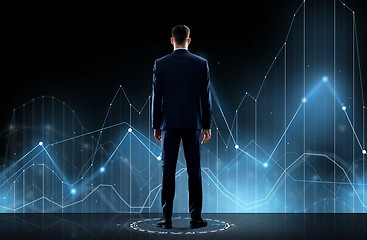 Image showing businessman in suit from back with virtual graph