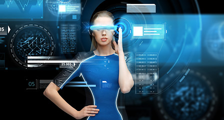 Image showing woman in virtual reality 3d glasses with charts