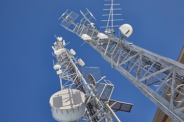 Image showing Transmitter towers, blue sky