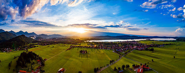 Image showing Panorama from the air sunset Forggensee and Schwangau, Germany, 