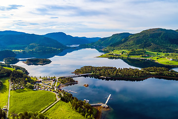 Image showing Beautiful Nature Norway Aerial view of the campsite to relax.