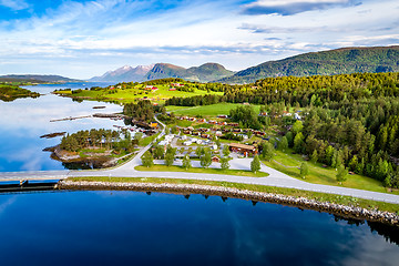 Image showing Beautiful Nature Norway Aerial view of the campsite to relax.