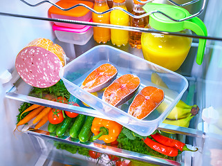 Image showing Raw Salmon steak in the open refrigerator