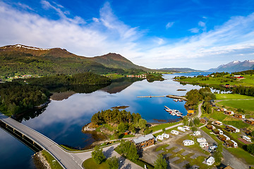 Image showing Beautiful Nature Norway Aerial view of the campsite to relax.