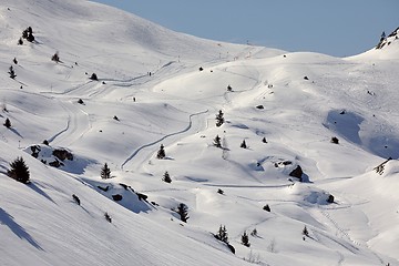 Image showing Skiing slopes, majestic Alpine landscape