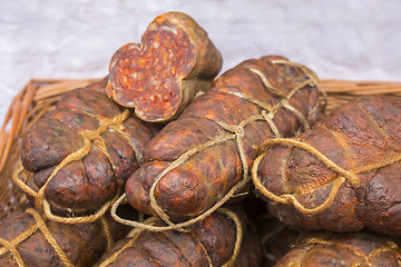 Image showing Kulen is famous authentic spicy sausage typical Slavonian dried 