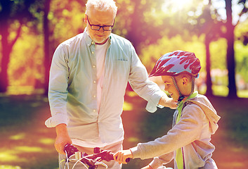 Image showing grandfather and boy with bicycle at summer park