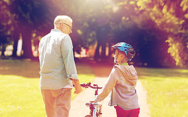 Image showing grandfather and boy with bicycle at summer park