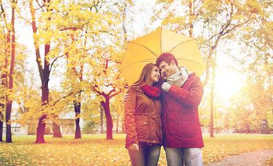 Image showing smiling couple with umbrella in autumn park