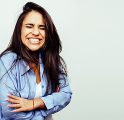 Image showing young happy smiling latin american teenage girl emotional posing on white background, lifestyle people concept 