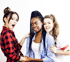 Image showing diverse nation girls group, teenage friends company cheerful having fun, happy smiling, cute posing isolated on white background, lifestyle people concept