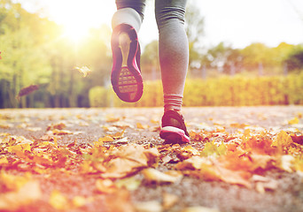 Image showing close up of young woman running in autumn park